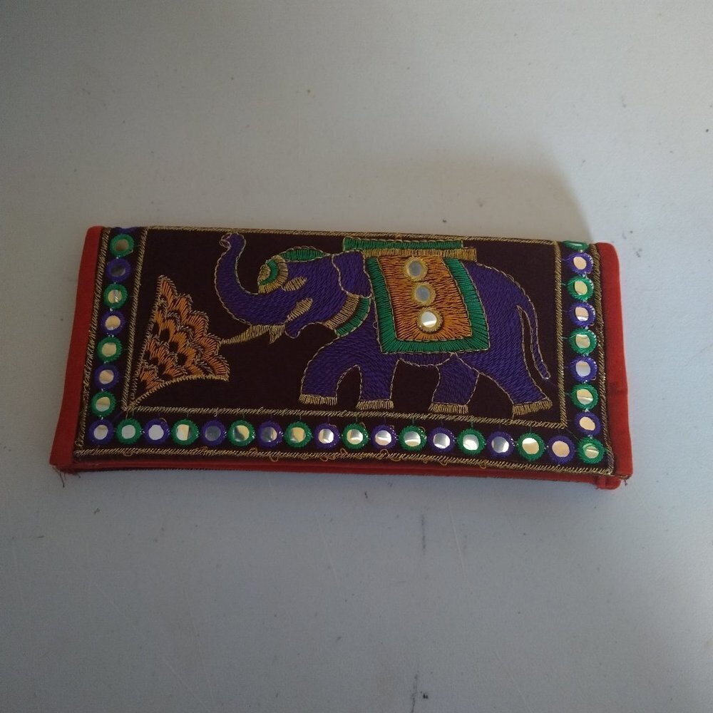 Embroidered Beaded Elephant Boho Purse Clutch Colorful Wallet Bag